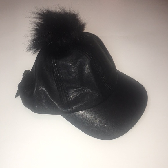 SOLD: Faux Fur/Faux Leather Pom Pom Baseball Cap (Hat) - Picture 4 of 7